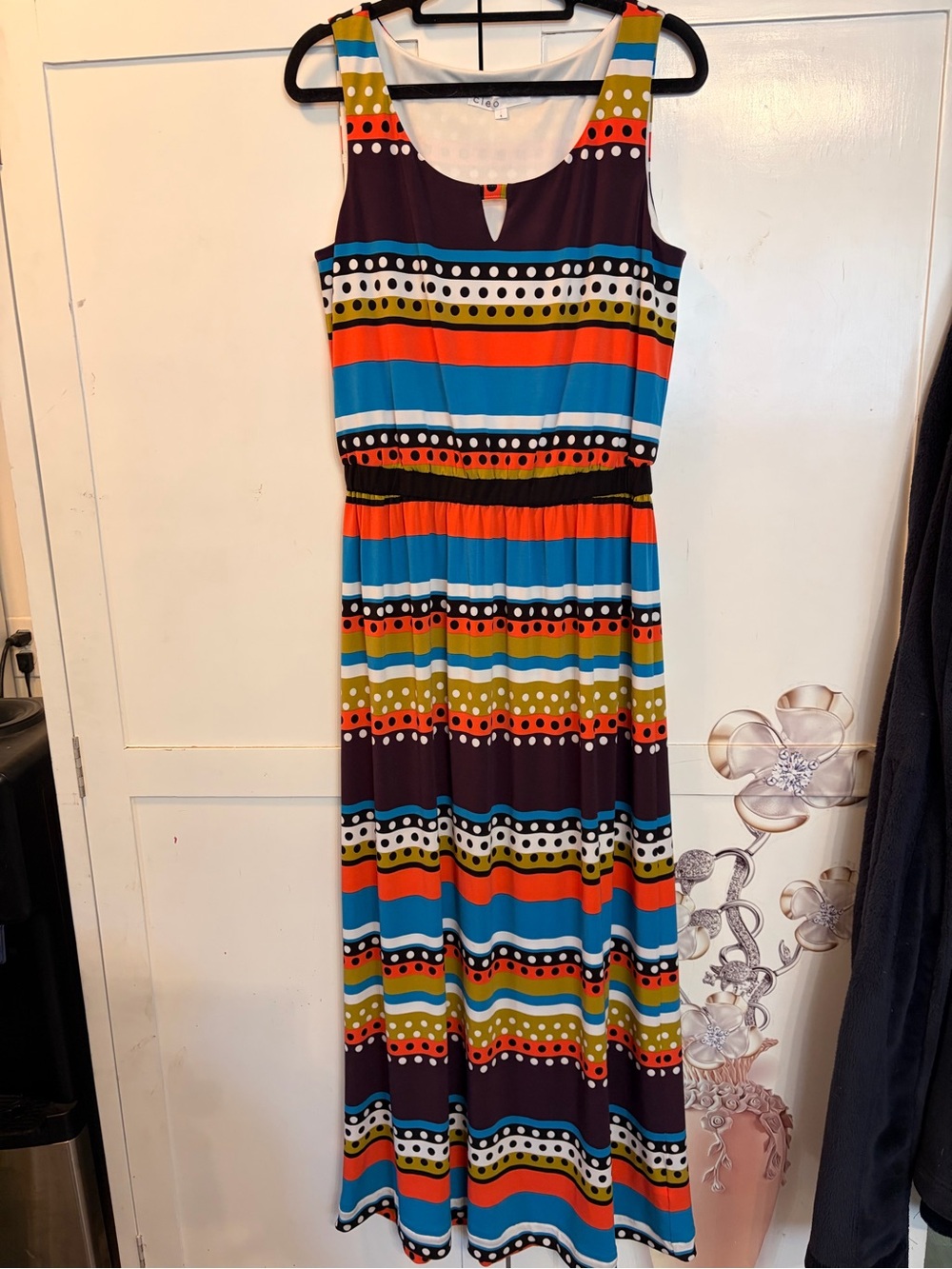 cleo Sleeveless Striped Maxi Dress in Blue, Orange, Olive & Black